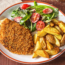 Zesty Breaded Chicken Breasts With Roasted Potatoes And Creamy Mixed Greens