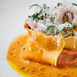 Squid And 'nduja Agnolotti With Chorizo And Cider Broth