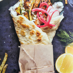 Gyros with Roasted Garlic Tzatziki and Feta Fries