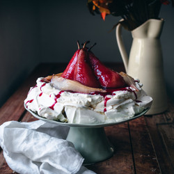 Lingonberry-poached Pear Pavlova