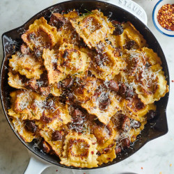 Crispy Skillet Ravioli with Garlic-Butter Mushrooms