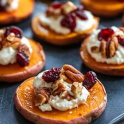 Roasted Sweet Potato Rounds With Whipped Goat Cheese, Cranberries, And Pecans