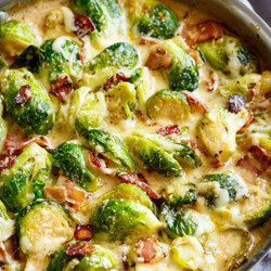 Creamy Garlic Parmesan Brussel Sprouts With Bacon