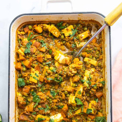 Lentil, Sweet Potato, And Paneer Bake