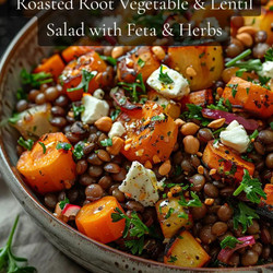 Roasted Root Vegetable &amp; Lentil Salad With Feta &amp; Herbs