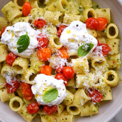 Zucchini Cream Mezzi Rigatoni With Roasted Tomatoes &amp; Burrata