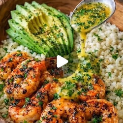 Grilled Shrimp Avocado Rice Bowl With Lemon Garlic Herb Butter Sauce