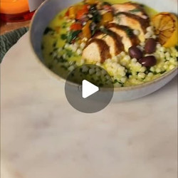 Velvety Golden Lemon Chicken Fregola Bowl With Roasted Red Pepper Walnut Salsa