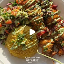 Chicken Skewers &amp; Rice W/ Salad &amp; Green Chilli Sauce