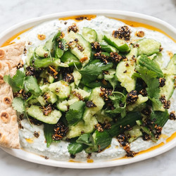 Hetty Smashed Cucumbers With Garlicky Coriander Yoghurt And Chilli Crisp