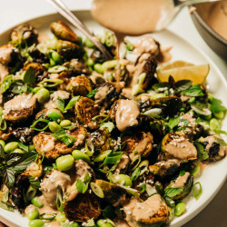Crispy Roasted Brussels Sprouts With Edamame &amp; Peanut Sauce