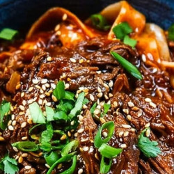 Slow Cooker Korean Beef Noodles With Sesame Garlic Sauce
