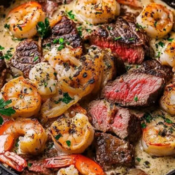 Steak And Seafood Skillet With Garlic Parmesan Cream Sauce