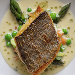Grilled Bream With Mustard And Tarragon Sauce, Asparagus And Peas