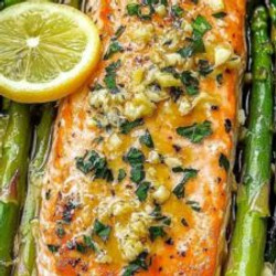 Baked Salmon In Foil With Asparagus And Lemon Garlic Butter Sauce