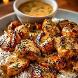 Creamy Garlic Chicken Bites Over Rice