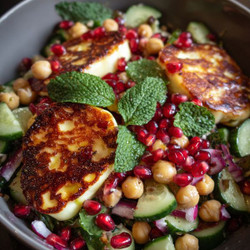 Halloumi &amp; Pomegranate Chickpea Salad with Mint-Lemon Dressing