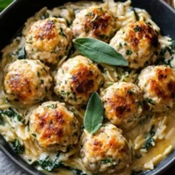 Savory Baked Sage Chicken Meatballs With Creamy Parmesan Orzo