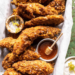 Baked Hot Honey Mustard Pretzel Chicken Fingers.