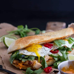 Mahi Mahi Banh Mi With Spicy Curried Mayo + Fried Eggs.