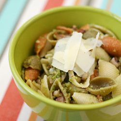Shell Pasta With Garlic Scape Pesto, Bacon, And Black Eyed Peas