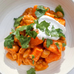 Creamy Harissa Butter Beans &amp; Sweet Potato Bake