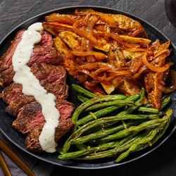 Fancy French Onion Beef Tenderloin With Rosemary Potato Wedges, Lemony Green Beans &amp; Horseradish Cream