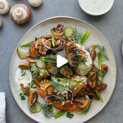Loaded Sweet Potatoes With Spiced Mushrooms, Herbed Yoghurt &amp; Pickles