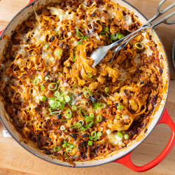 Cheesy Tingly Wavy Noodle Bake With Spicy Pork