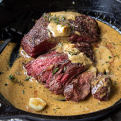 Cast Iron Bavette Steak With Whiskey Garlic Cream Sauce