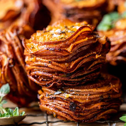 Crispy Parmesan Thyme Sweet Potato Stacks
