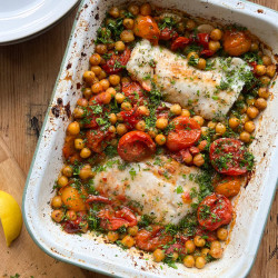 Slow Roasted Confit Tomato, Chickpea + Hake Traybake