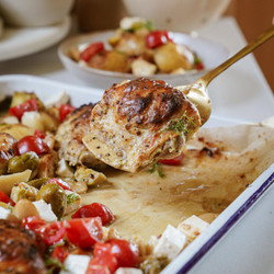 Greek Chicken Thighs + Butter Bean Sheet Pan Meal