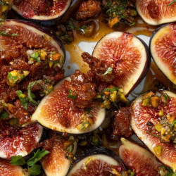 Black Mission Figs With Pistachio Relish And Warm Chorizo Honey