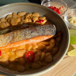 Brin Pirathapan's Seared Crispy Salmon With Butter Bean Stew