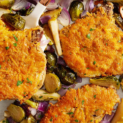 Crispy Cheddar Pork Chops With Brussels Sprouts &amp; Apples