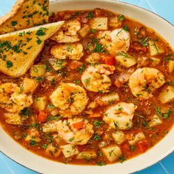 Provençal Shrimp &amp; Potato Stew With Bell Pepper, Fresh Dill &amp; Garlic Bread