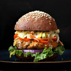BBQ Lentil Veggie Burger with Mango Carrot Slaw