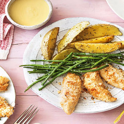 Parmesan Chicken Strips With Rosemary Fries, Green Beans, And Honey Mustard Sauce