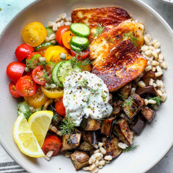 Mediterranean Eggplant And Halloumi Bowls With Lemon-dill Sauce