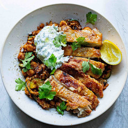 Crispy Chicken, Brown Rice, Chickpeas &amp; Tzatziki