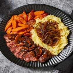 Sirloin In A Mushroom Sauce With Caramelized Onion Mashed Potatoes &amp; Roasted Carrots