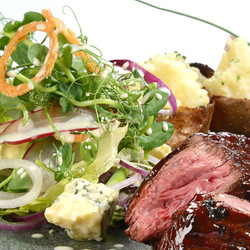Organic Chargrilled Hanger Steak, Loaded Potato Skins, Baby Gem And Blue Cheese Salad