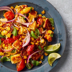 Halloumi With Corn, Cherry Tomatoes And Basil