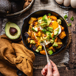 Harissa Kumara, Halloumi &amp; Avocado Hash