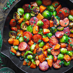 Autumn Sausage Dinner With Roasted Veggies (butternut Squash And Brussels Sprouts)