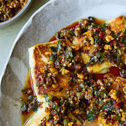 Halloumi With Spicy Olives And Walnuts