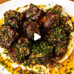 Cowboy Butter Steak Bites With Roasted Garlic Mashed Potatoes And Caramelized Onions