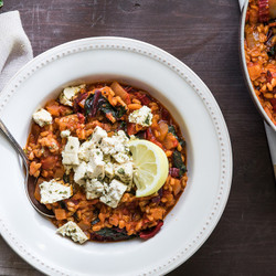 Tomato Farro Risotto With Swiss Chard And Tofu “feta”