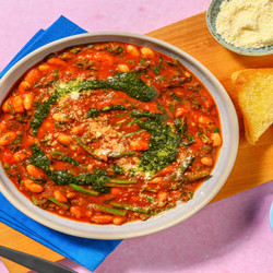 Rich Tomato, Butter Bean And Cavolo Nero One Pot With Pesto And Ciabatta